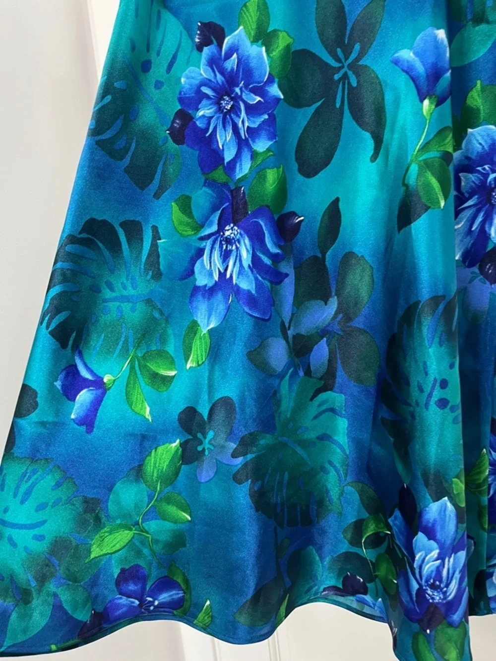 Y2K Tropical Floral & Monstera Leaf Print Satin Slip Dress - Size Large